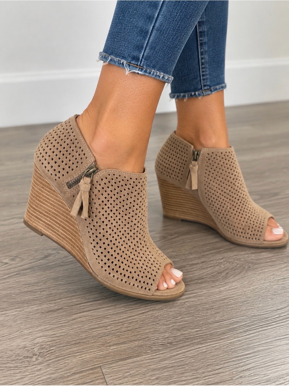 Lucky Brand Taupe Perforated Peep-Toe Wedge Booties